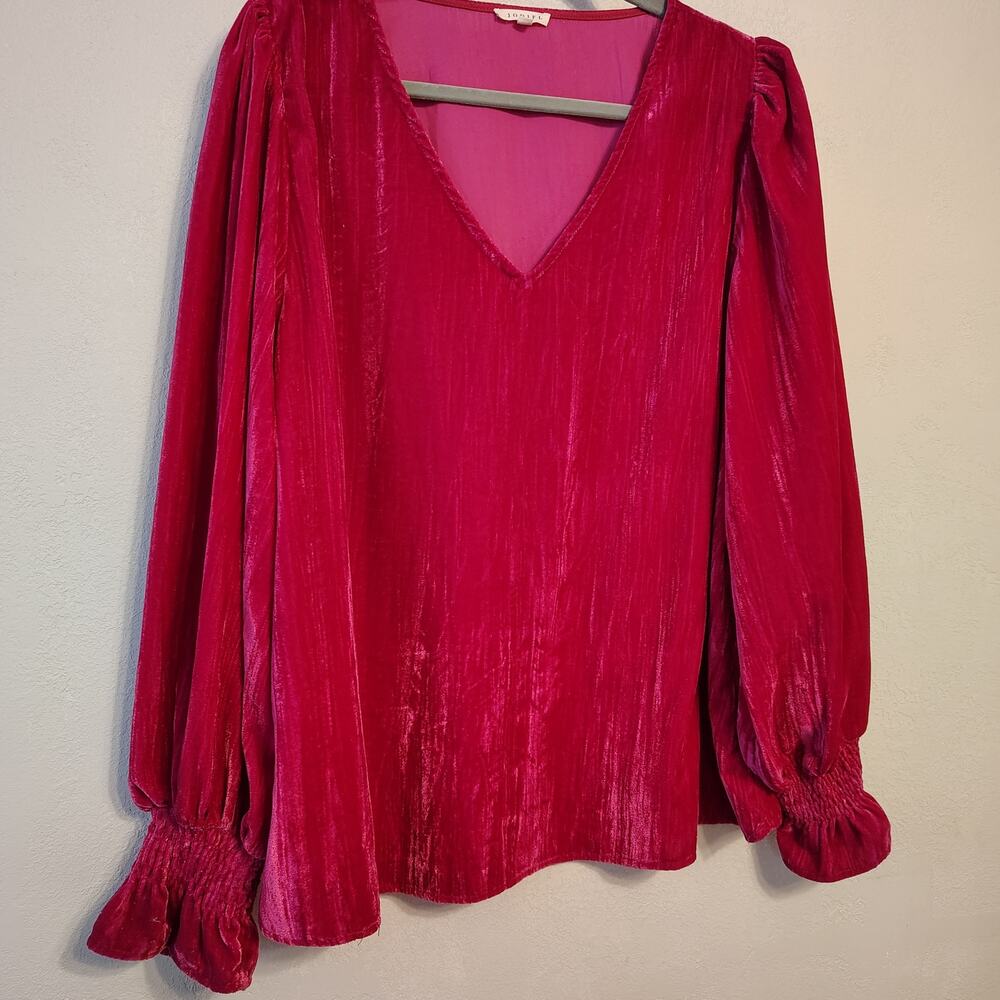 Jodifl Velvet Blouse XL Hot Pink V Neck Puff Sleeve Shimmer Party Top